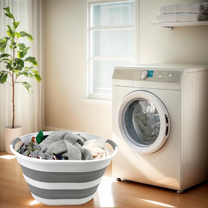 SAMMART Collapsible Plastic Oval Laundry Basket 23L (6 Gallons) -Foldable Storage Container/Organizer - Portable Washing Tub - Space Saving Hamper for Laundry, Camping & Home (White/Grey)