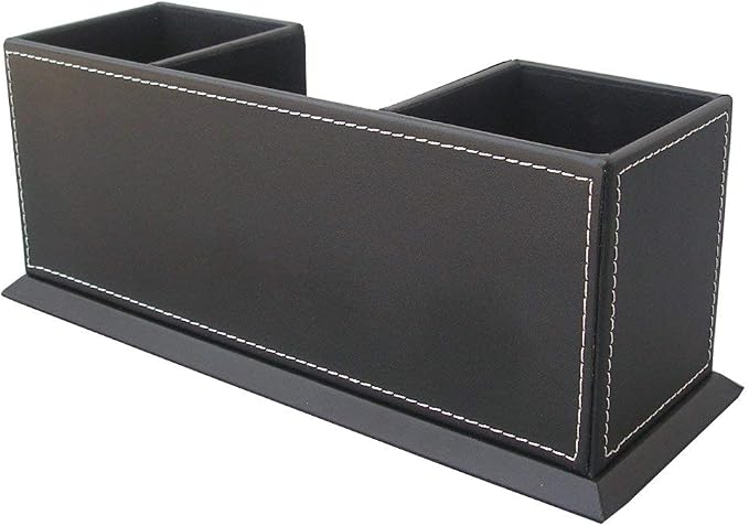 KINGFOM™ Double Holder Leather Multi-Function Desk Stationery Organizer Pen Pencil Holder Black