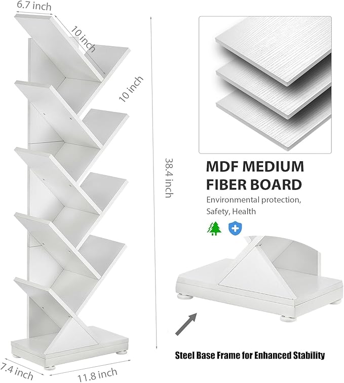 ruboka 9-Tier Tree Bookshelf Storage Organizer Display Rack (White) | Floor standing Bookcase, sturdy wood, space-saving. Ideal Book Shelf for living room, bedroom, office. Holds magazines, CDs.