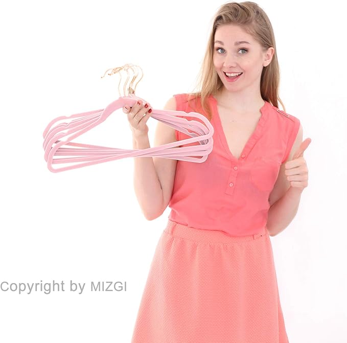 MIZGI Premium Velvet Hangers (Pack of 50) Heavy Duty - Non Slip - Velvet Suit Hangers Light Pink - Copper/Rose Gold Hooks, Space Saving Clothes Hangers