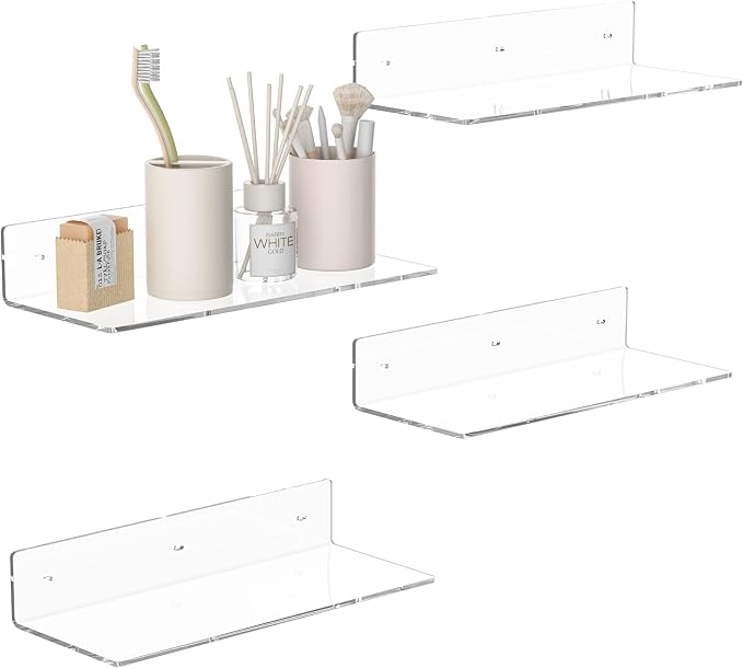 15 Inches Clear Acrylic Shelves, Wall Mounted Shelves for Bedroom, Wall Display Shelves for Collectibles, Funko Pop, Speaker, Plants, Space Saver, Wide Application, 4 Pack