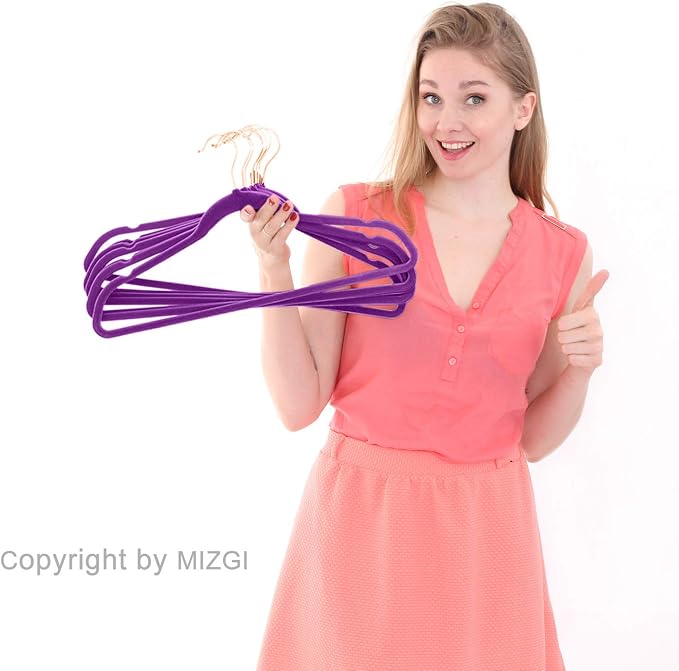 MIZGI Premium Velvet Hangers (50 Pack) Heavy Duty - Non Slip Felt Pads - Velvet Suit Hangers Dark Purple - Rose Gold Hooks, Space Saving