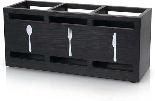 Ayiaren Wooden Silverware Caddy Flatware Cutlery Holder Wood Silverware Organizer Containers Small Black Kitchen Utensil Holder for Countertop Spoon and Fork Holder Flatware Utensils Caddy for Party