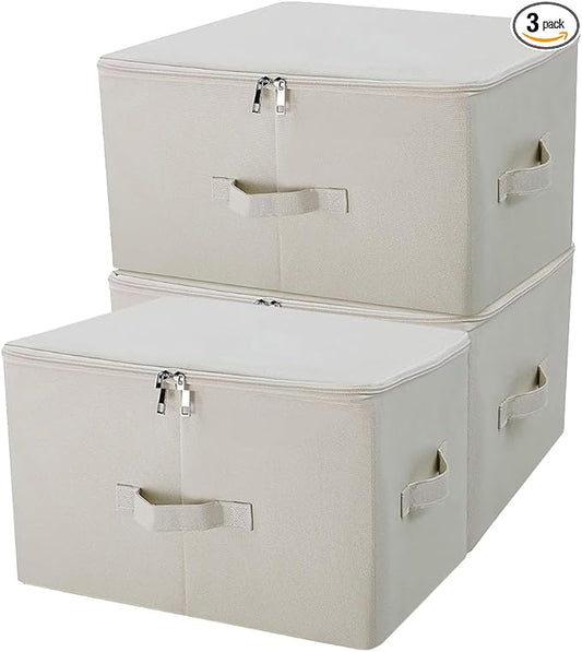 iwill CREATE PRO 3-Pack Beige Folding Storage Boxes with Zip Lid | Collapsible & Stackable Rigid Organizer Bins for Clothes, Blankets, Books