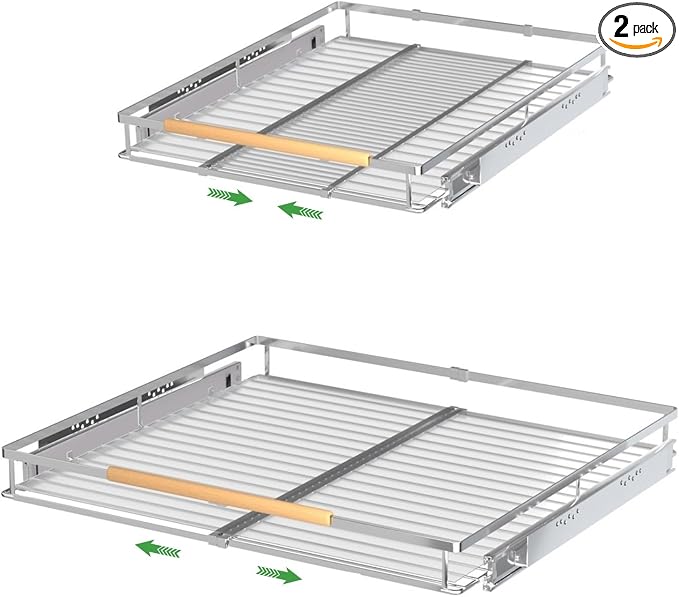 Expandable Pull Out Drawer Cabinet Organizers, Heavy Duty Slide Out Storage Shelf for Home Kitchen Pantry Cupboard Pots Pans, Adjustable Width from 17.2"~28.1", Stainless Steel 2 Pack