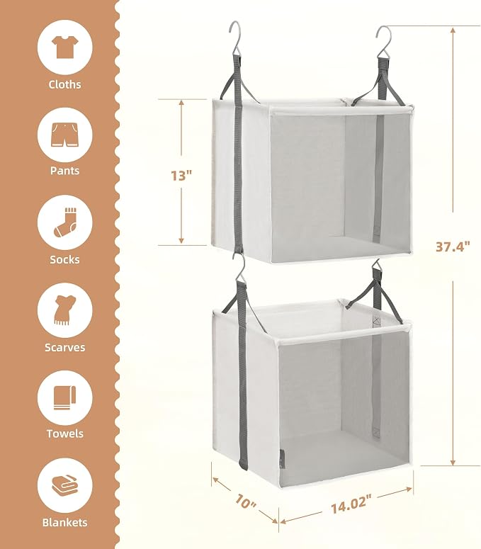 STORAGE MANIAC 2-Tier Hanging Closet Organizer, Fabric Storage Baskets with Hooks, Closet Shelves for Dorm Room, Apartment, Bedroom, Garment Rack & Wardrobe, Ivory