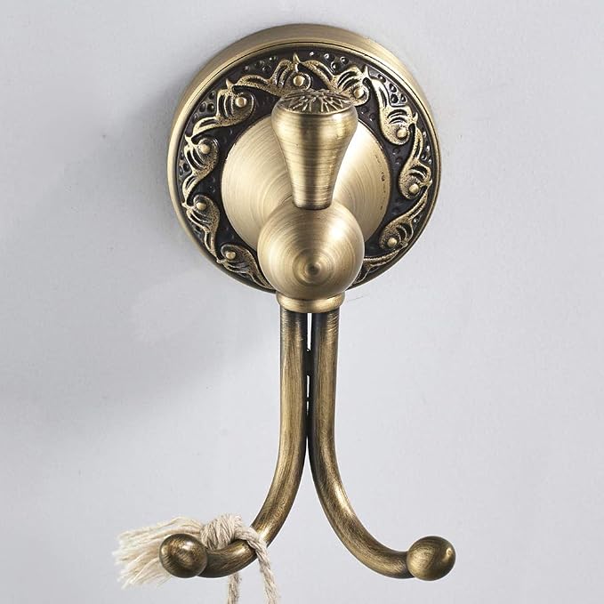 Leyden Antique Brass Towel Hook, Bathroom Robe Hooks, Brushed Double Coat Clothes Hanger Hook Vintage Style Wall Mounted