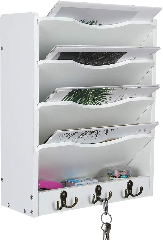 PAG 5-Tier Wall File Holder Hanging Mail Organizer Wood Magazine Literature Rack with 6 Hooks, White