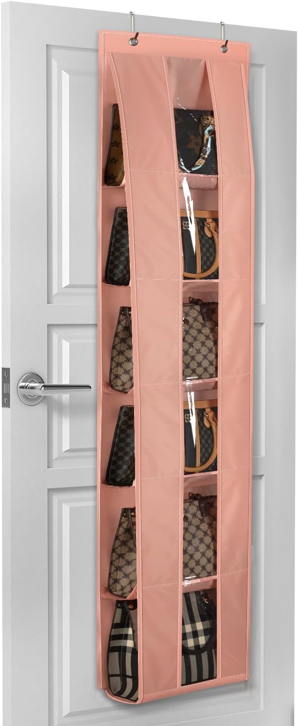 Lirex Over The Door Purse Organizer, Space-Saving Medium and Large Handbag Storage Organizer Clothing Closet Hanger, Light Pink