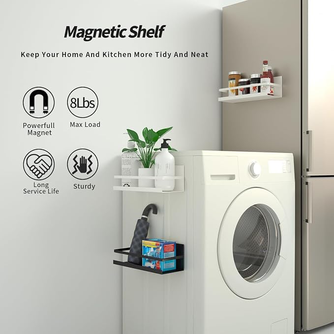 2 Pack Magnetic Spice Rack for Refrigerator,Heave Duty Magnetic Shelf For Kitchen,Magnet Book Shelf For Whiteboard,Space Container,Drill free (Black)