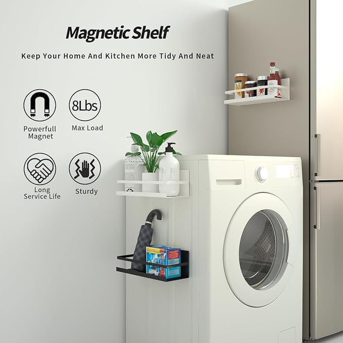 2 Pack Magnetic Spice Rack for Refrigerator,Heave Duty Magnetic Shelf For Kitchen,Magnet Book Shelf For Whiteboard,Space Container,Drill free (White)