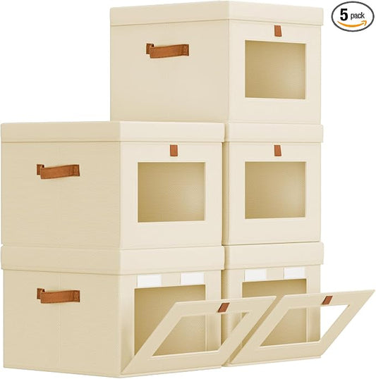 Homsorout Storage Bins with Lid – Closet Organizer with Side Opening and Clear Window, Foldable Stackable Fabric Basket for Clothes, Home, Office - 13.77" x 11.8" x 9.8", 5 Pack, Beige