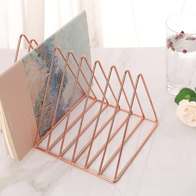 Sooyee 9 Slot Metal Record Holder Storage, Rose Gold | Magazine Holder, Book Album Display Rack, Desktop File Sorter Organizer, Triangle Bookshelf Decor for Home Office