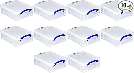 Really Useful Box Stackable 8.1L Plastic Storage Container Bin with Snap Lid & Built-in Clip Lock Handles for Home & Office Organization (10 Pack)