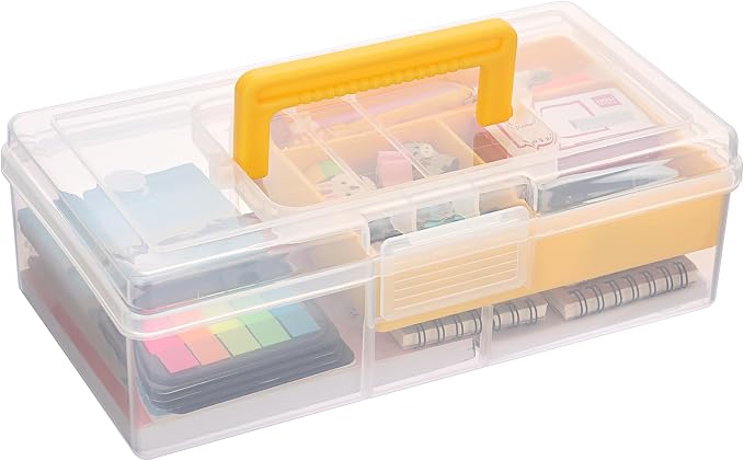 JUXYES Clear Art Craft Supply Storage Bin Sewing Box With Handle Lid | Plastic Carry Storage Box with Removable Tray, 2 Layers Portable Storage Case for Art Craft, Sewing, School Office Supplies
