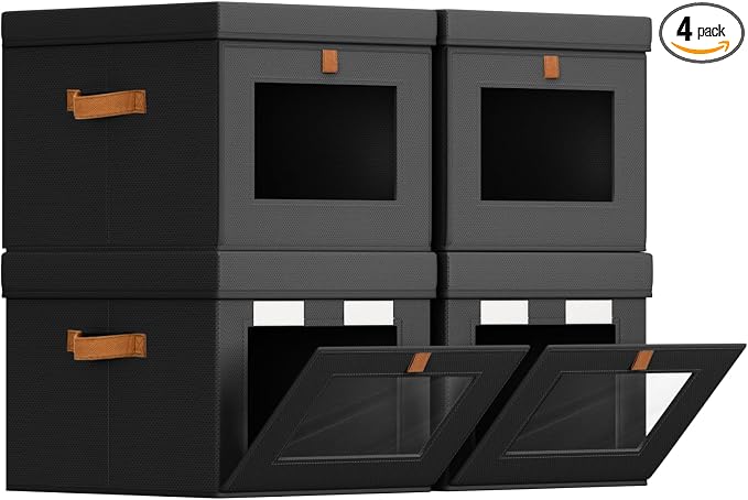Homsorout Storage Bins with Lid – Closet Organizer with Side Opening and Clear Window, Foldable Stackable Fabric Basket for Clothes, Home, Office - 13.77" x 11.8" x 9.8", 4 Pack, Black