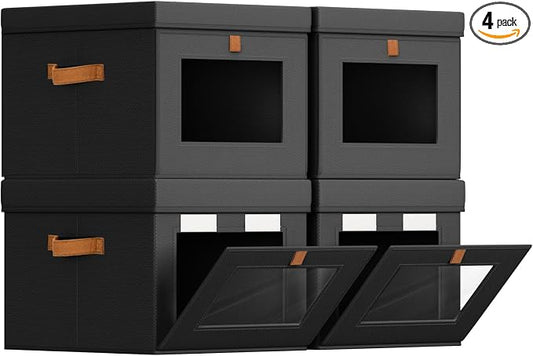 Homsorout Storage Bins with Lid – Closet Organizer with Side Opening and Clear Window, Foldable Stackable Fabric Basket for Clothes, Home, Office - 13.77" x 11.8" x 9.8", 4 Pack, Black