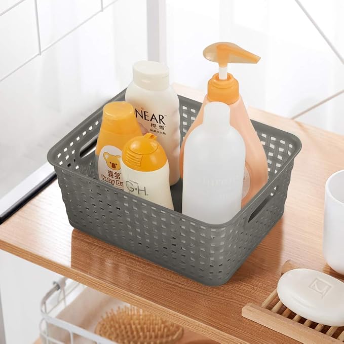 Mixed Color Rectangle Storage Baskets, Plastic Weave Shelf Baskets, 6 Packs