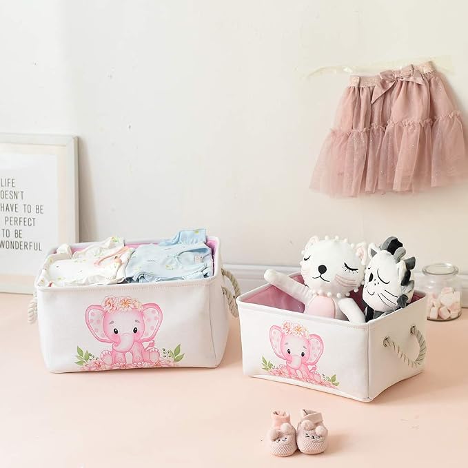 Large Nursery Elephant Baby Basket for Shower Gift - Pink Girl Gift Bag, Collapsible and Empty - Decor for Kidsroom, Nursery, Play Room (Large)