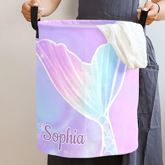 Mermaid Tail Purple Laundry Basket Personalized Name Waterproof Laundry Hamper with Handles for Laundry Room Bathroom College