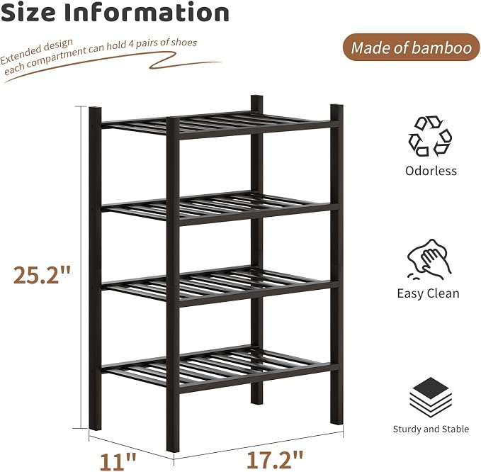 Bamboo Shoe Rack Stackable Shoe Shelf Storage Organizer for Unit Entryway Hallway and Closet Sturdy Freestanding Small Shoe Shelf(4S Tier Black)