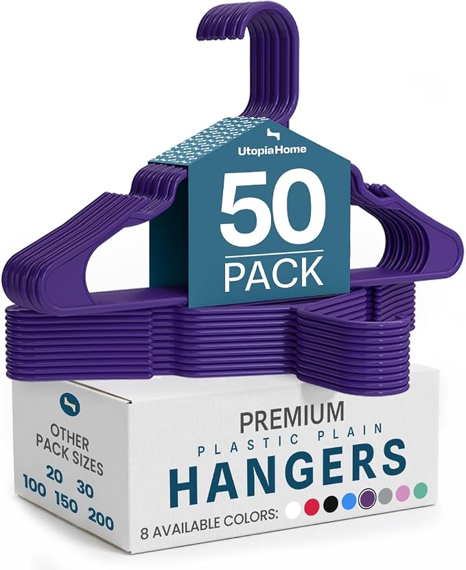 Utopia Home - Plastic Hangers 50 Pack - Space Saving Clothes Hanger - Durable and Strong Closet Organizers and Storage Makes It Ideal Stocking Stuffers or Apartment or Dorm Room Essentials (Purple)