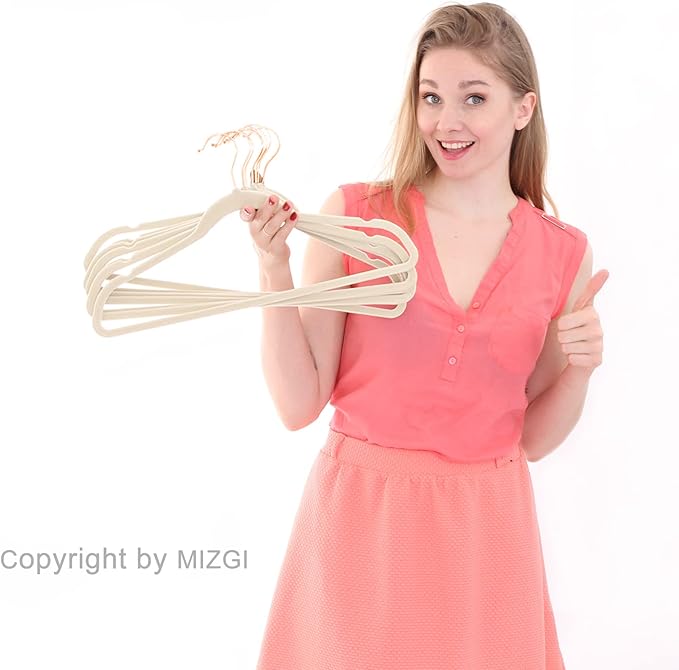 MIZGI Premium Velvet Hangers (50 Pack) - Heavy Duty Non Slip Felt - Suit Hangers Ivory & Rose Gold Hooks, Space Saving Closet Organizers