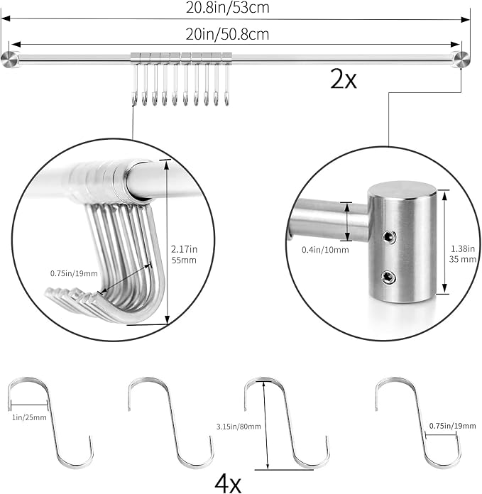 Audmore Kitchen Utensil Rack 2 PCS, 20.9” Pot & Pan Hanging Rack Wall Mount | 304 Stainless Steel Lid Cooking Utensil Hanger, 10 Sliding Hooks for Spatula Spoon, Measuring Cups, Coffee Mug, Space Saving