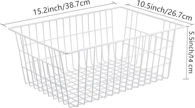 Redrubbit Wire Storage Baskets, Large Farmhouse Metal Freezer Basket Storage Organizer Bins with Handles for Kitchen Cabinets, Pantry, Closets, Bedrooms, Bathrooms, Set of 4, White