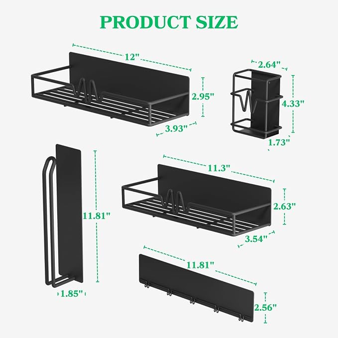 5-Pack Magnetic Spice Rack for Refrigerator, Heavy Duty Magnetic Shelf for Fridge Set with Paper Towel Holder, Utensils Racks & Hook Rail, Home Kitchen Laundry Room RV Storage Organization- Black