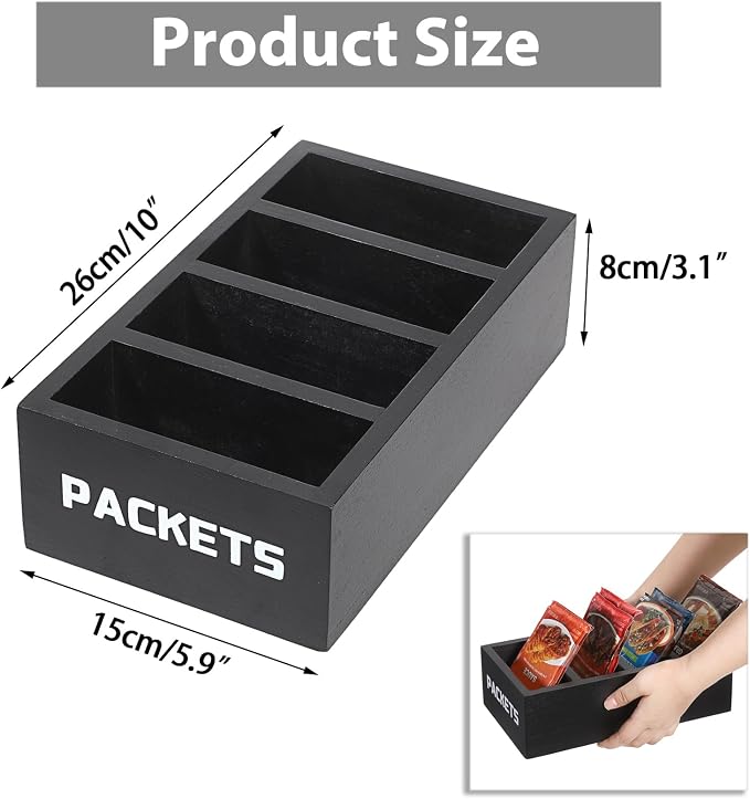 BSTKEY Seasoning Packet Organizer, Food Packet Storage Organizer with 4 Compartments, Black Wooden Storage Caddy for Kitchen Pantry Cabinet, Farmhouse Kitchen Organization Bin for Snacks Spice Packets