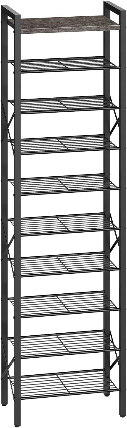 YATINEY 10-Tier Narrow Shoe Rack, Tall Shoe Rack for 10-20 Pairs, Slim Shoe Storage Organizer with Wooden Top, Space Saving, Metal Frame, for Entryway, Charcoal and Black SS68BC