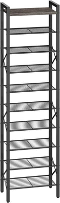 YATINEY 10-Tier Narrow Shoe Rack, Tall Shoe Rack for 10-20 Pairs, Slim Shoe Storage Organizer with Wooden Top, Space Saving, Metal Frame, for Entryway, Charcoal and Black SS68BC