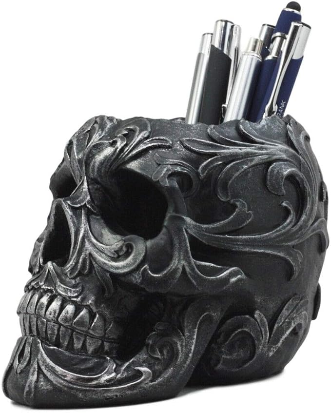 Ebros Gift Tribal Tattoo Floral Skull Pen Holder Figurine 5.75" L Office Desktop Ossuary Skulls Decor Cranium Skeleton Head Stationery Holder As Halloween Macabre Graveyard Spooky Decorative Statue