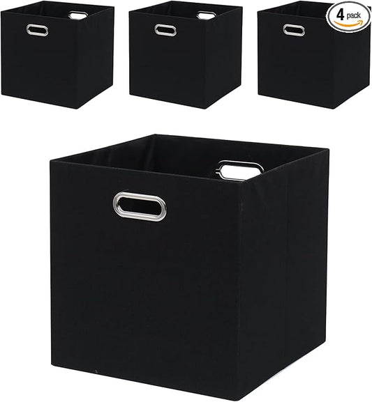 Collapsible Organization Basket Fabric Foldable Box with Handles, 13x13 Cube Storage Bins Set of 4, Thick and Heavy Duty Storage Baskets for Shelves Bedroom Livingroom,Black