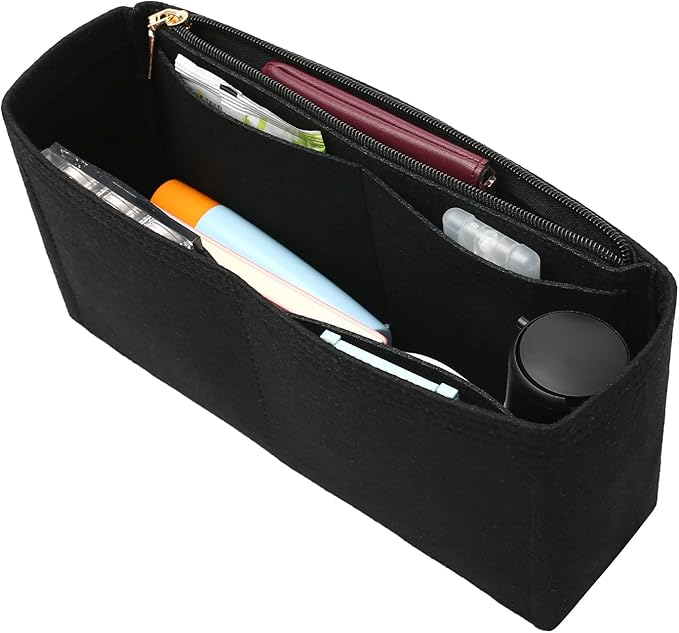 Surblue Purse Organizer Insert for Handbags, Felt Bag Organizer with Zippers Handbag Shaper Pouch for Classic 19 Flap Bag, Marmont, Onthego,（Black, Slender M）