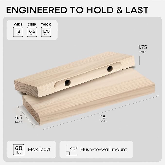 Homeforia 18 inch Wood Floating Shelves, High End Solid Natural Wood 18inch Floating Shelf for Wall Mounted, Unfinished Wooden 18in Floating Shelves, Heavy Duty Bracket, 18 X 6.5 X 1.75 inch, Set of 2