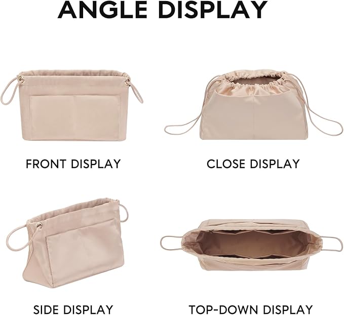 GIVLEFLY Extra Large Purse Organizer Insert, Satin Fabric Handbag Organizer with Multiple Pockets, Drawstring Tote Bag Organizer Insert, Lightweight Bag Insert for Handbags & Tote Bags，Beige