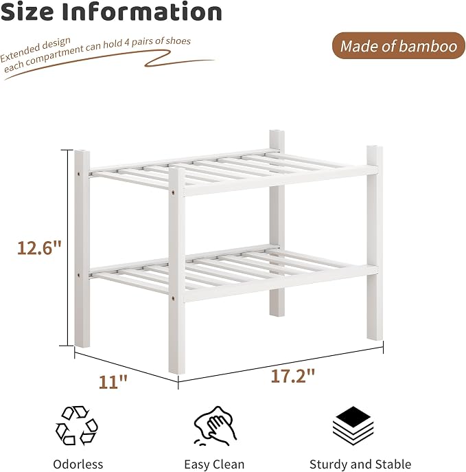 Bamboo Shoe Rack Stackable Shoe Shelf Storage Organizer for Unit Entryway Hallway and Closet Sturdy Freestanding Small Shoe Shelf(2S Tier White)