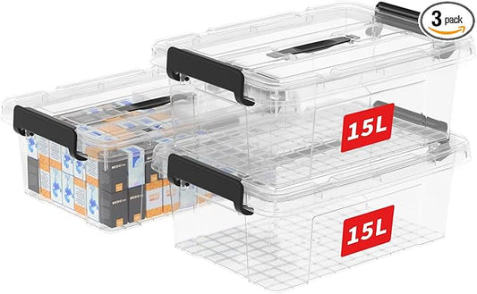 Cetomo Lidded Storage Bin with Handle, Tote Organizing Container with Durable Lid and Secure Latching Buckles, Stackable and Nestable, Plastic, 16 Quart-3 Pack, Clear
