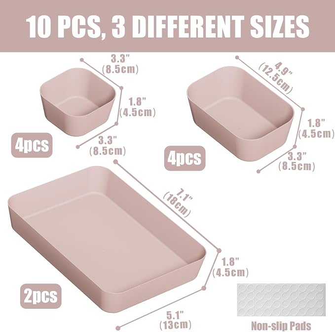 Drawer Organizers Bins 10 PCS for Bathroom Makeup Desk Office | with Non-slip Pads, 3 Sizes, Plastic Tray, Vanity Organizer, Kitchen Utensils Organizer