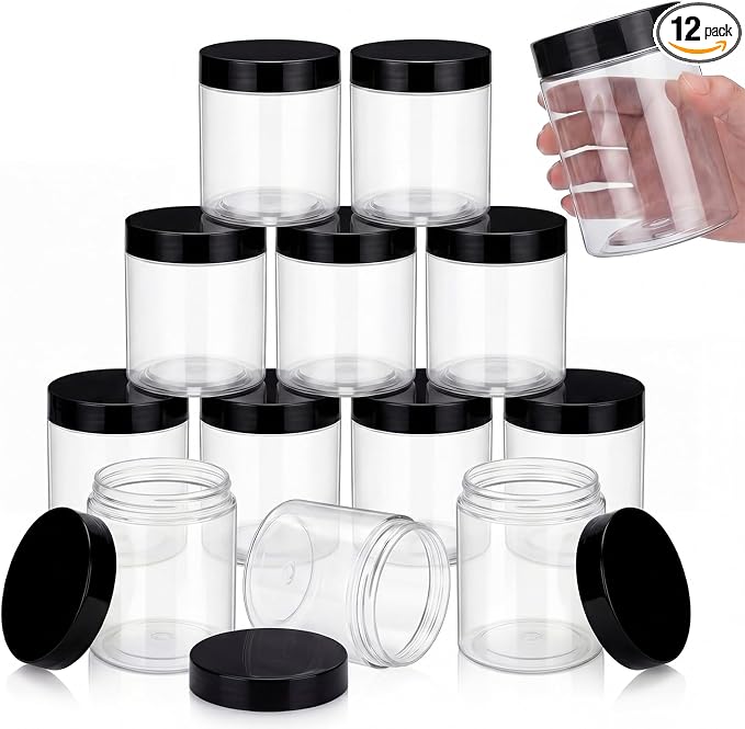 SATINIOR 12 Pack 16 oz Plastic Container Jars with Lids Round Clear Travel Cosmetic Container Slime Jars for Toiletries, Lotion, Cream, Ointments, Makeup, Rhinestone, Samples, Kitchen Storage(Black)