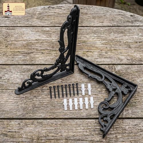 Mystic Colonial Cast Iron Shelf Brackets, Victorian Gothic Decorative Wall Shelf Supports, 8.75 x 7.5 Inch, Heavy-Duty R