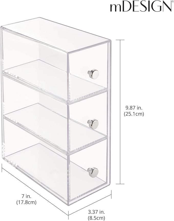 mDesign Plastic Kitchen Pantry Stackable Storage Organizer Container Station with 3 Drawers for Cabinet, Countertop, Holds Coffee, Tea, Sugar Packets, Creamers - Lumiere Collection - Clear