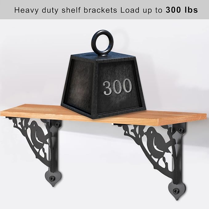 SELEWARE Heavy Duty Shelf Brackets 10 Inch, Bird Shelves Brackets, 300LB Capacity Decorative Metal L Brackets for Floating Shelves, Black Rustic Wall Mount Shelving Bracket with Screws, 2 Pack