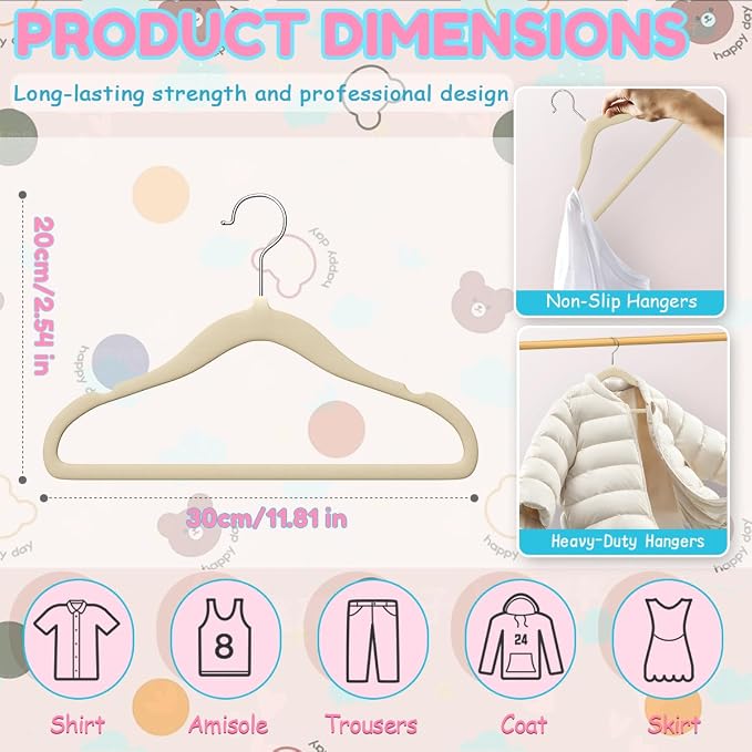 Baby Hangers 11.6 Inch Kids Velvet Non Slip CoatHangers 30 Pack Toddler Hangers Space Saving ClosetOrganizer for Toddler Infant Children Clothing (Beige Velvet)