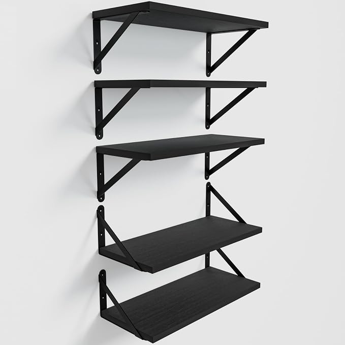 COCOYA Wall Shelves 7.3" Deep Solid Paulownia Wood (Black, Set of 5) | 15mm Thick, Wider & Longer & Stronger, Easy to Install, Floating Shelf for Room Wall, Bathroom Bedroom Office Organizer