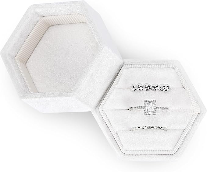 WantGor Velvet Jewelry Ring Box, 3 Slots Hexagon Ring Gift Box Ring Holder | Vintage Ring Display Case for Wedding Ceremony Proposal Engagement (White)