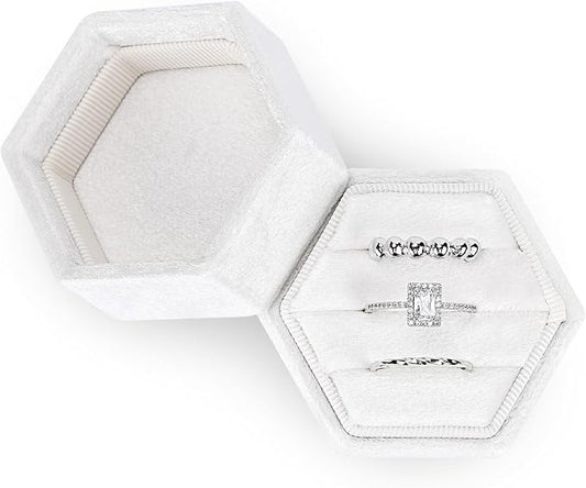 WantGor Velvet Jewelry Ring Box, 3 Slots Hexagon Ring Gift Box Ring Holder | Vintage Ring Display Case for Wedding Ceremony Proposal Engagement (White)