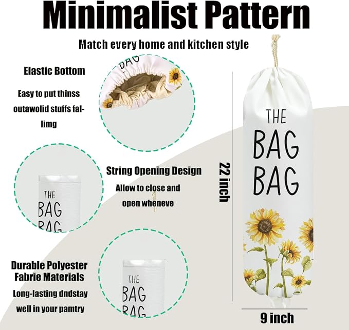 2Pcs Sunflowers Plastic Bag Holder 22.5x9 Inch, Wall Mount Grocery Bag Holder for Plastic Bags, Summer Floral Reusable Grocery Bags Storage Dispenser for Home Kitchen Decor, Sunflower Gifts for Women